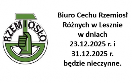 Biuro Cech nieczynne w dniach 23 i 31 grudnia.